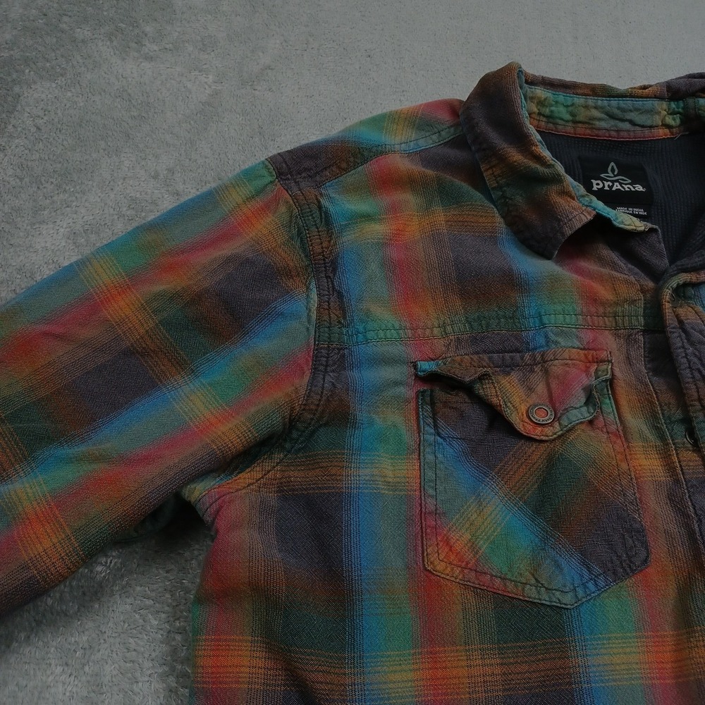 Prana Shirt Mens Large Blue Plaid Snap Button Outdoor Lined Casual - Picture 2 of 8